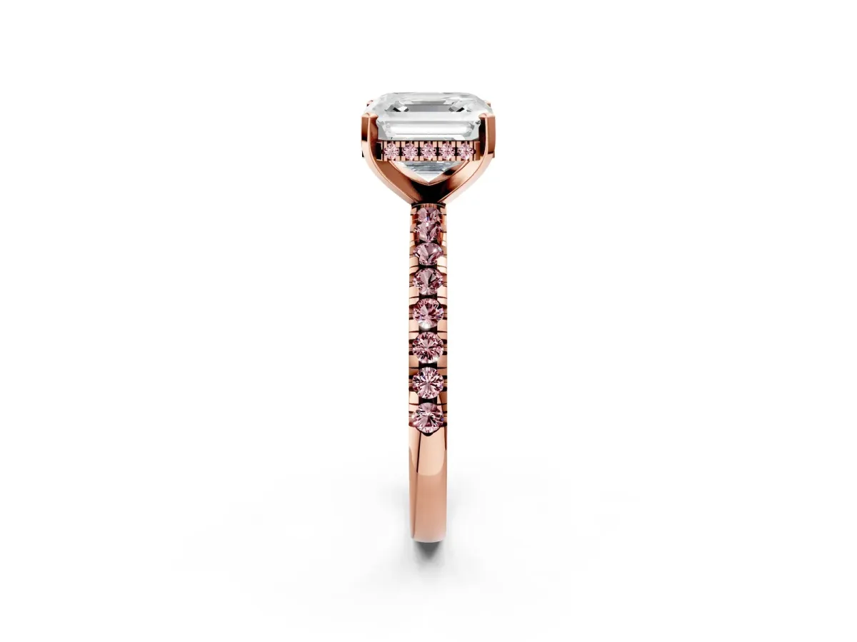 Asscher Cut Diamond Solitaire Ring with Round Morganite Pavé Band and Four-Prong Setting Rose gold