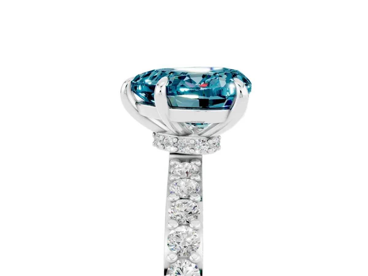 Heart Cut Blue Topaz Solitaire Engagement Ring with Pavé Band and Four-Prong Setting White gold