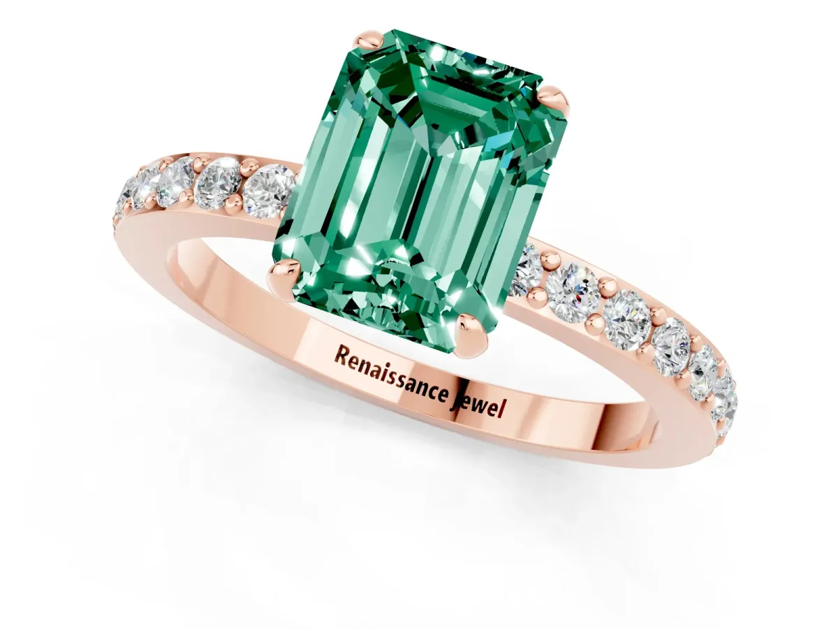 Emerald Cut Green Sapphire Solitaire Engagement Ring with Pavé Band and Four-Prong Setting Rose gold