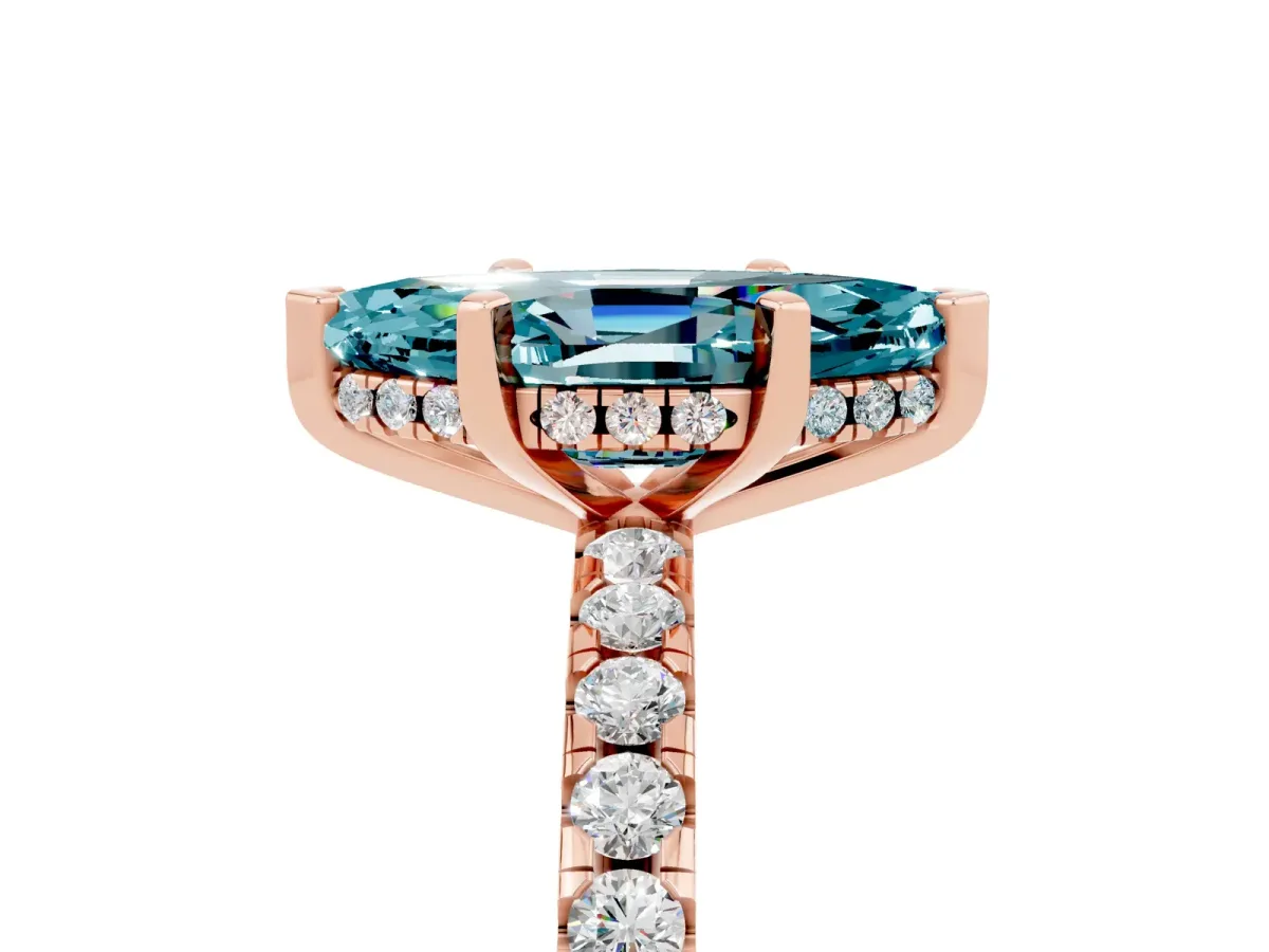 Marquise Cut Blue Topaz Solitaire Ring with Round Pavé Band and Four-Prong Setting Rose gold