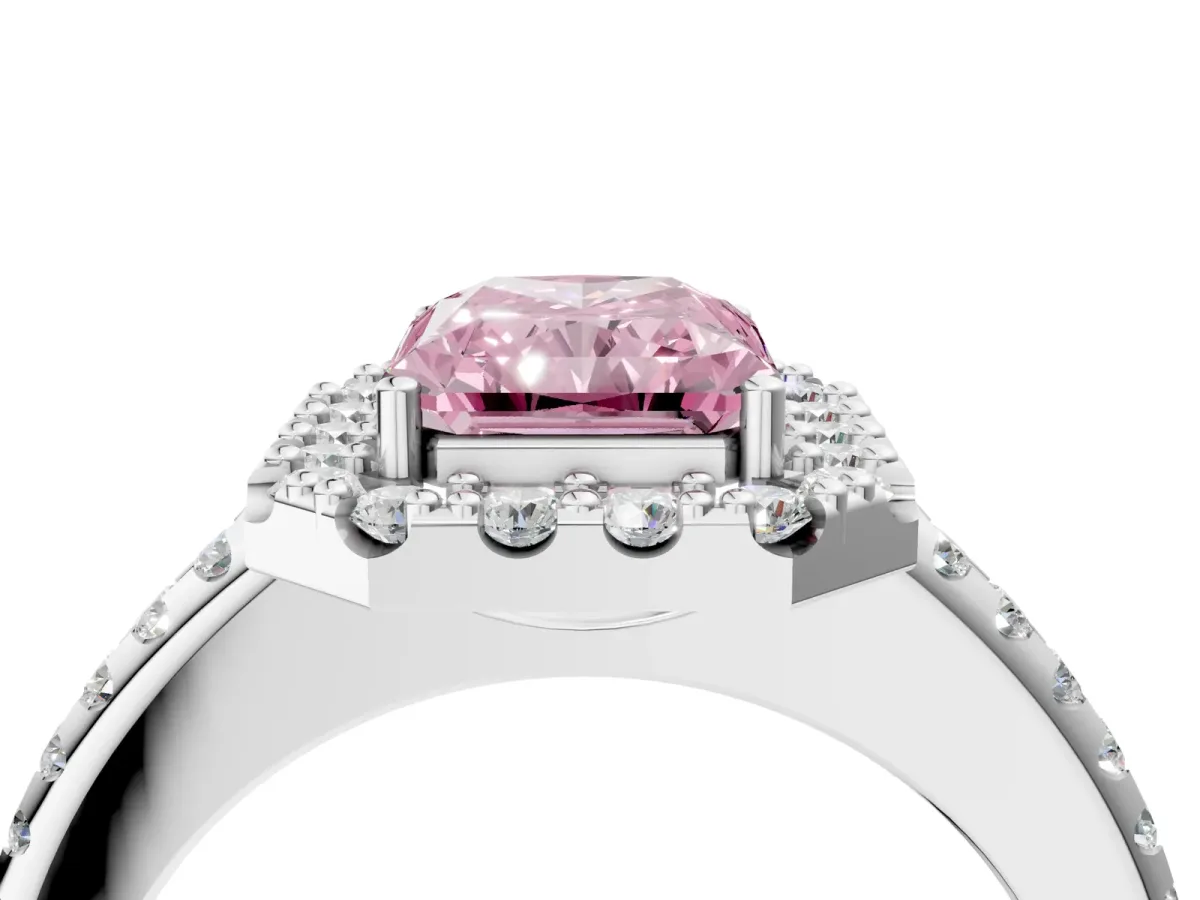 Fancy Pink Radiant Cut Diamond Pavé Halo Ring with Four-Prong Setting Platinum