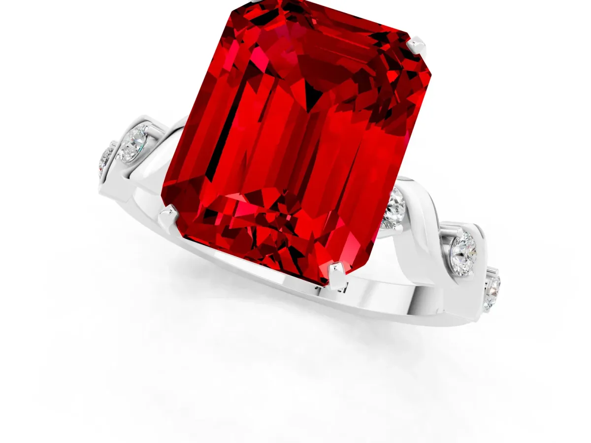 Emerald Cut Ruby Solitaire Twisted Band with Round Accents and Prong Setting Silver
