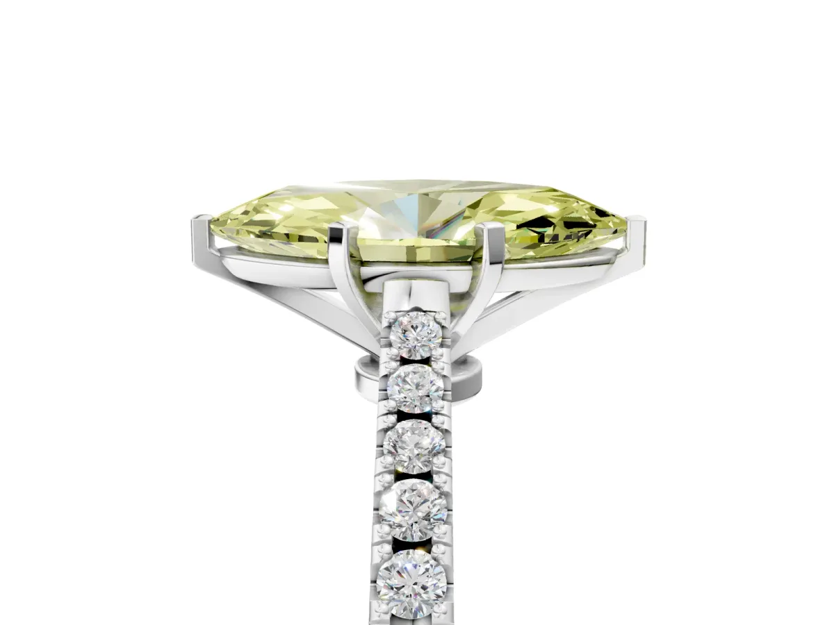 Fancy Yellow Marquise Cut Cut Solitaire Diamond Engagement Ring with Pave Band and Four-Prong Setting White gold