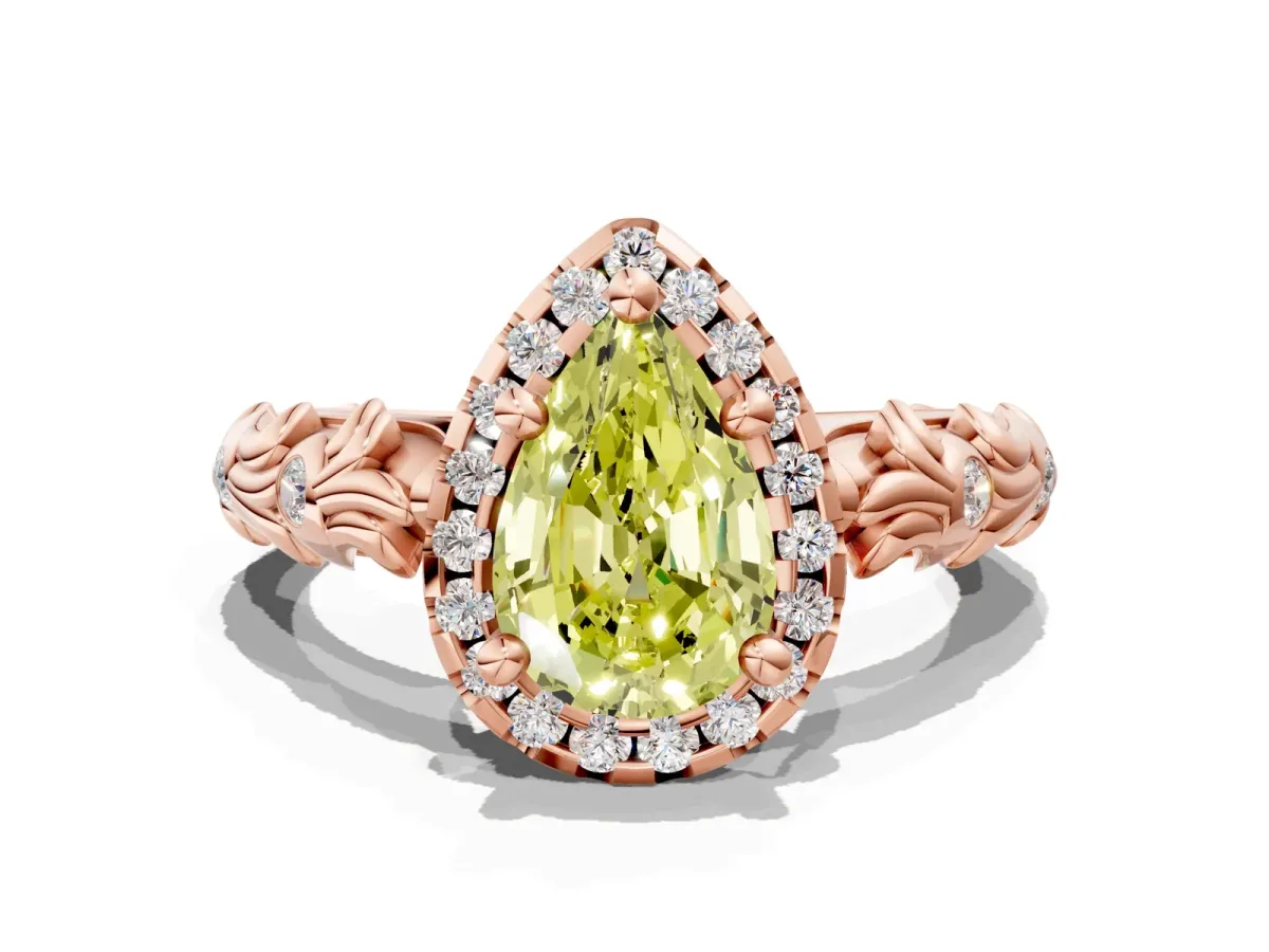 Fancy Yellow Pear Cut Diamond Halo Ring with Filigree Band and Prong Setting Rose gold