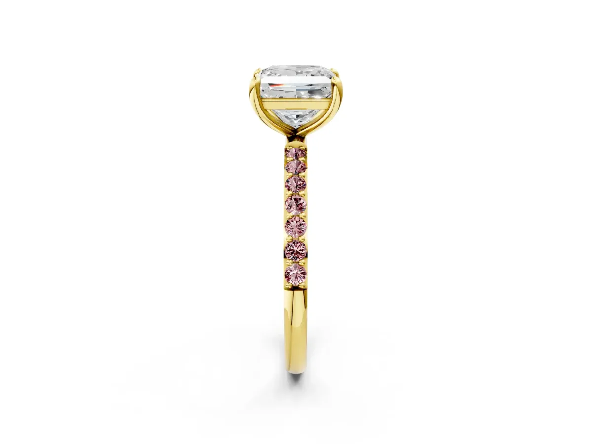 Princess Cut Diamond Solitaire Ring with Round Morganite Pavé Band and Prong Setting Yellow gold
