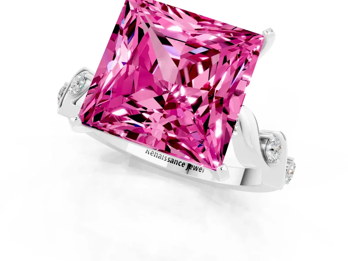 Princess Cut Pink Sapphire Solitaire Twisted Band with Round Accents and Prong Setting Platinum