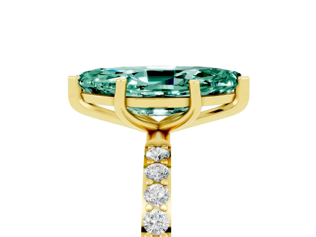 Marquise Cut Green Sapphire Solitaire Ring with Round Pavé Band and Prong Setting Yellow gold