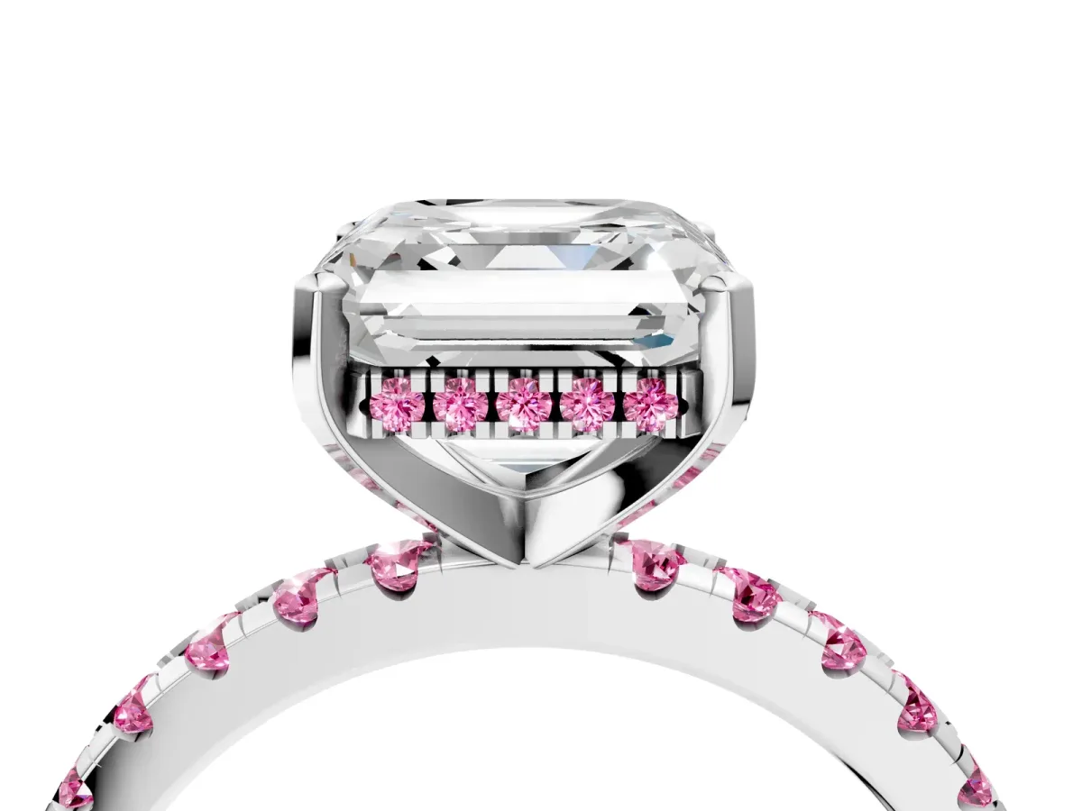 Asscher Cut Diamond Solitaire Ring with Round Pink Sapphire Pavé Band and Four-Prong Setting White gold