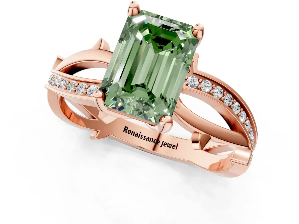 Fancy Green Emerald Cut Solitaire Twist Band with Pavé Accents and Four-Prong Setting Rose gold
