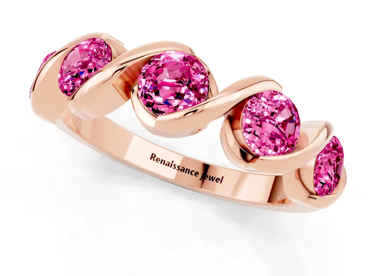 Round Pink Sapphire Wave Band with Channel Setting and Shared Prongs Rose gold