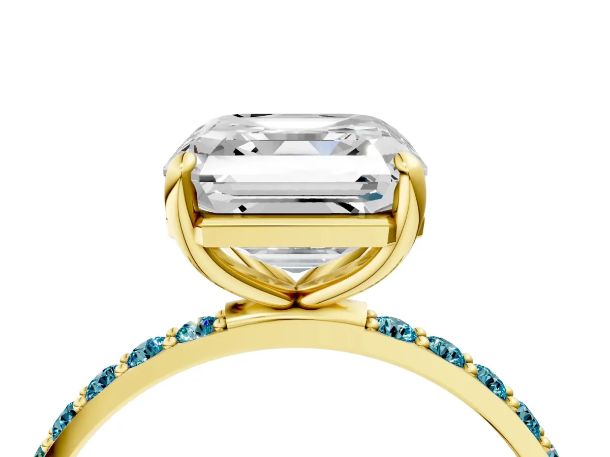 Asscher Cut Diamond Solitaire Ring with Round Blue Topaz Pavé Band and Prong Setting Yellow gold