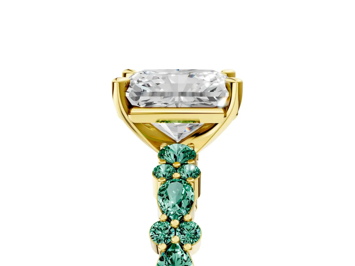 Radiant Cut Diamond Side Stone Solitaire Ring with Round Green Sapphire and Four-Prong Setting Yellow gold