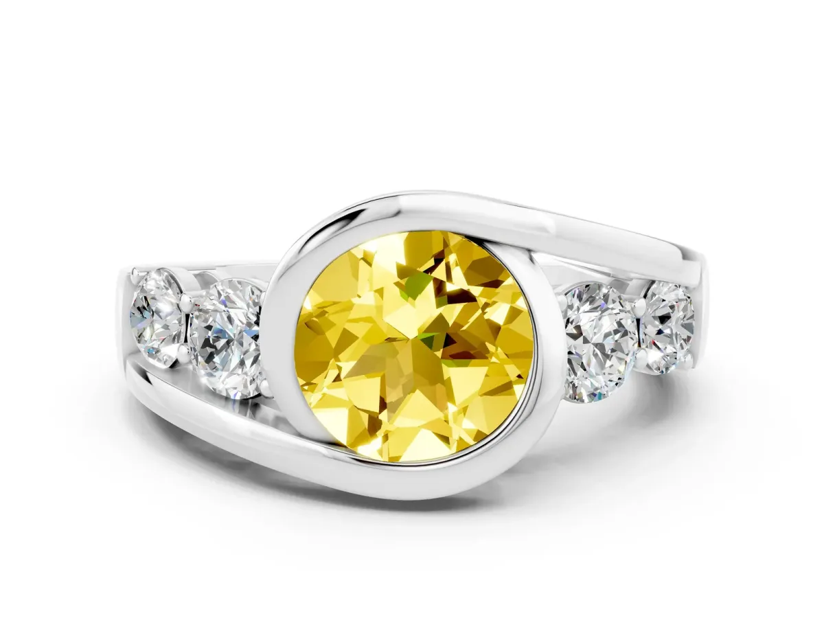Bezel Set Round Cut Yellow Sapphire Bypass Ring with Round Accents Silver