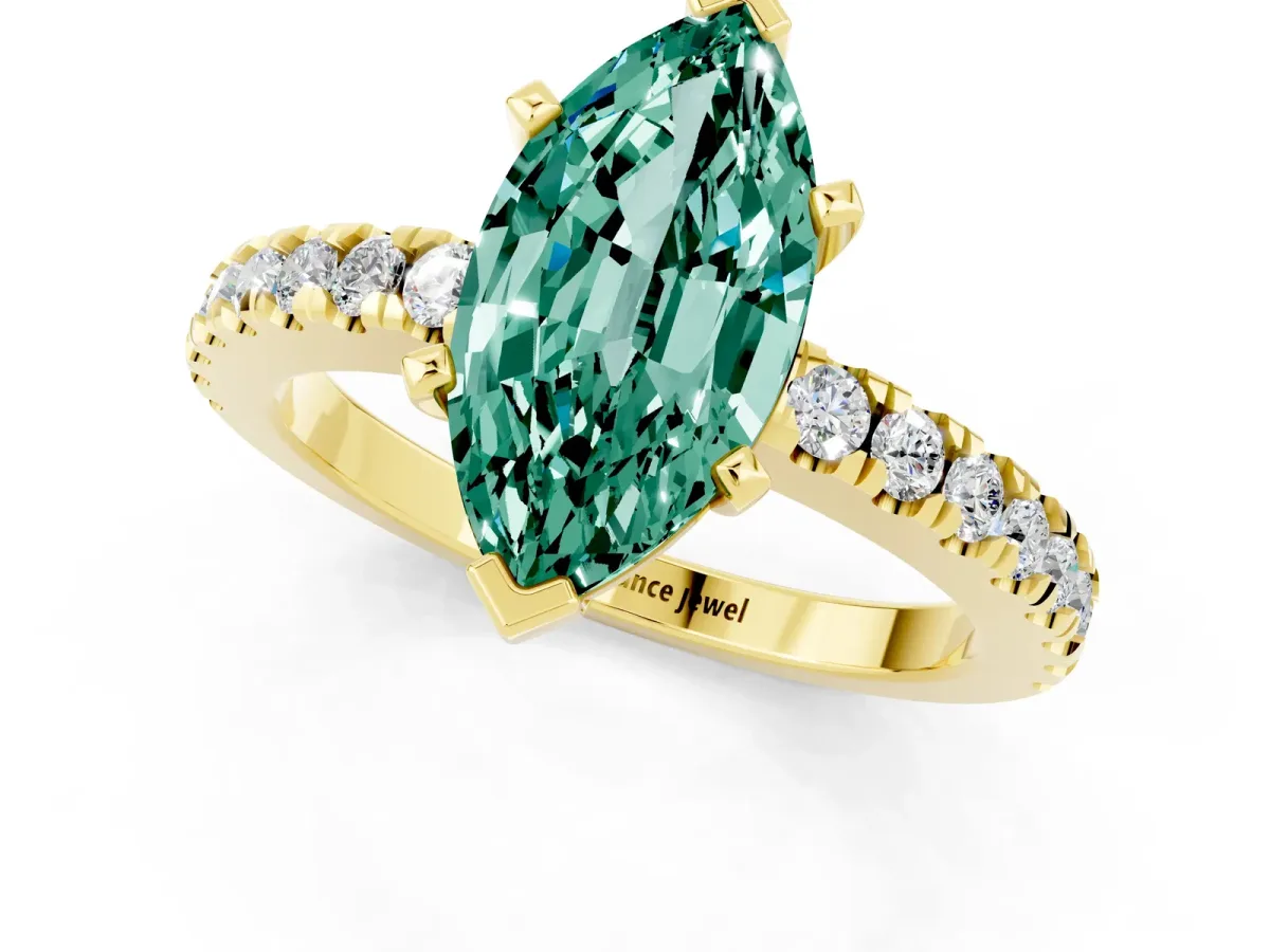 Marquise Cut Solitaire Green Sapphire with Pavé Band and Four-Prong Setting Yellow gold