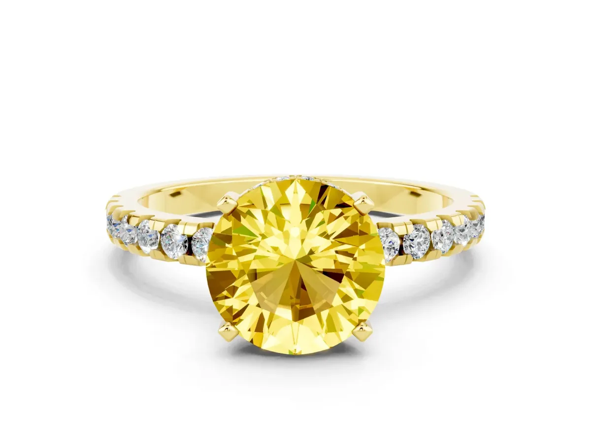 Round Cut Yellow Sapphire Solitaire Ring with Round Pavé Band and Four-Prong Setting Yellow gold