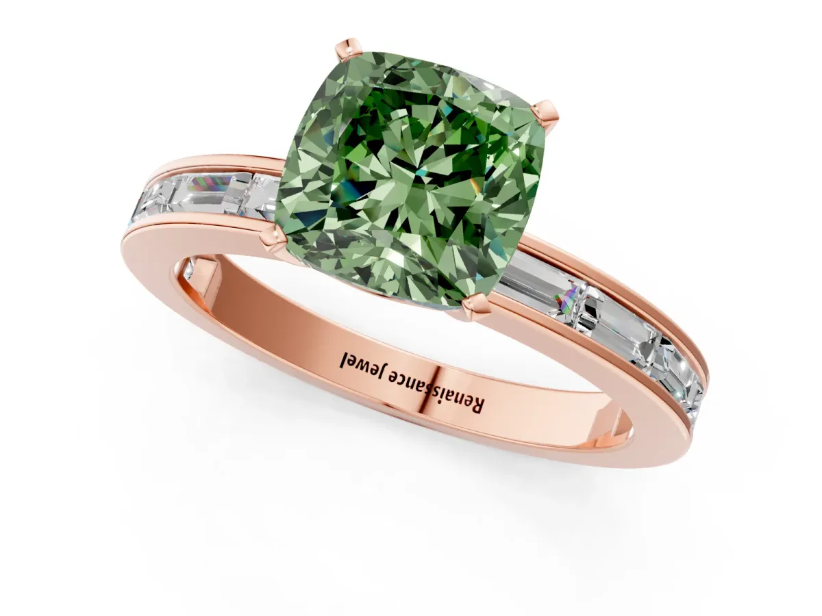 Fancy Green Cushion Cut Solitaire Diamond Ring with Channel-Set Baguette Band and Four-Prong Setting Rose gold