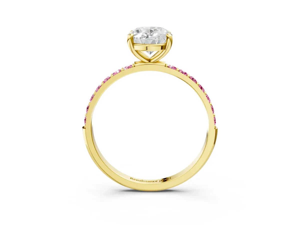 Oval Cut Diamond Solitaire Ring with Round Pink Sapphire Pavé Band and Prong Setting Yellow gold
