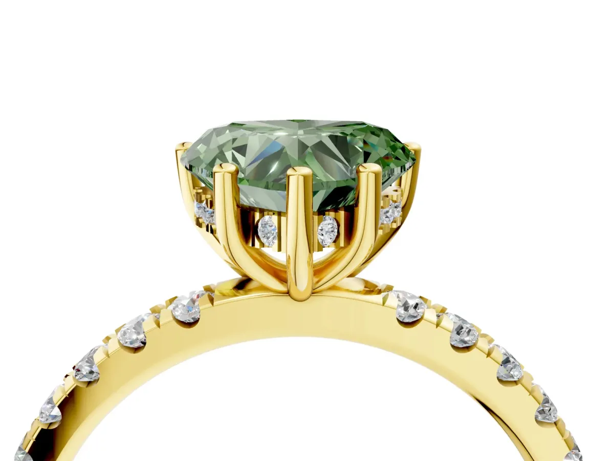 Fancy Green Heart Cut Diamond Pave Band Solitaire Ring with Round and Prong Setting Yellow gold