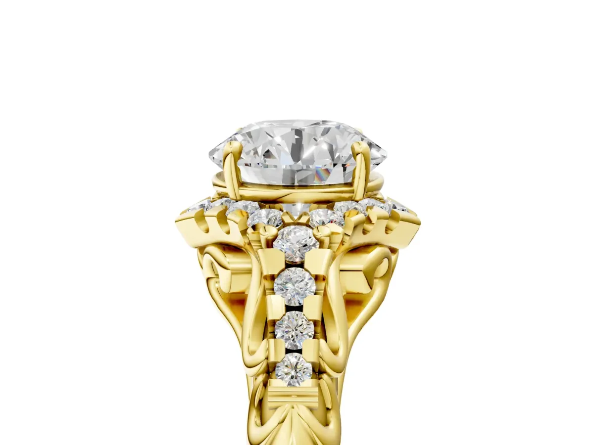 Round Cut Diamond Solitaire Ring with Hidden Halo and Pavé Band Yellow gold