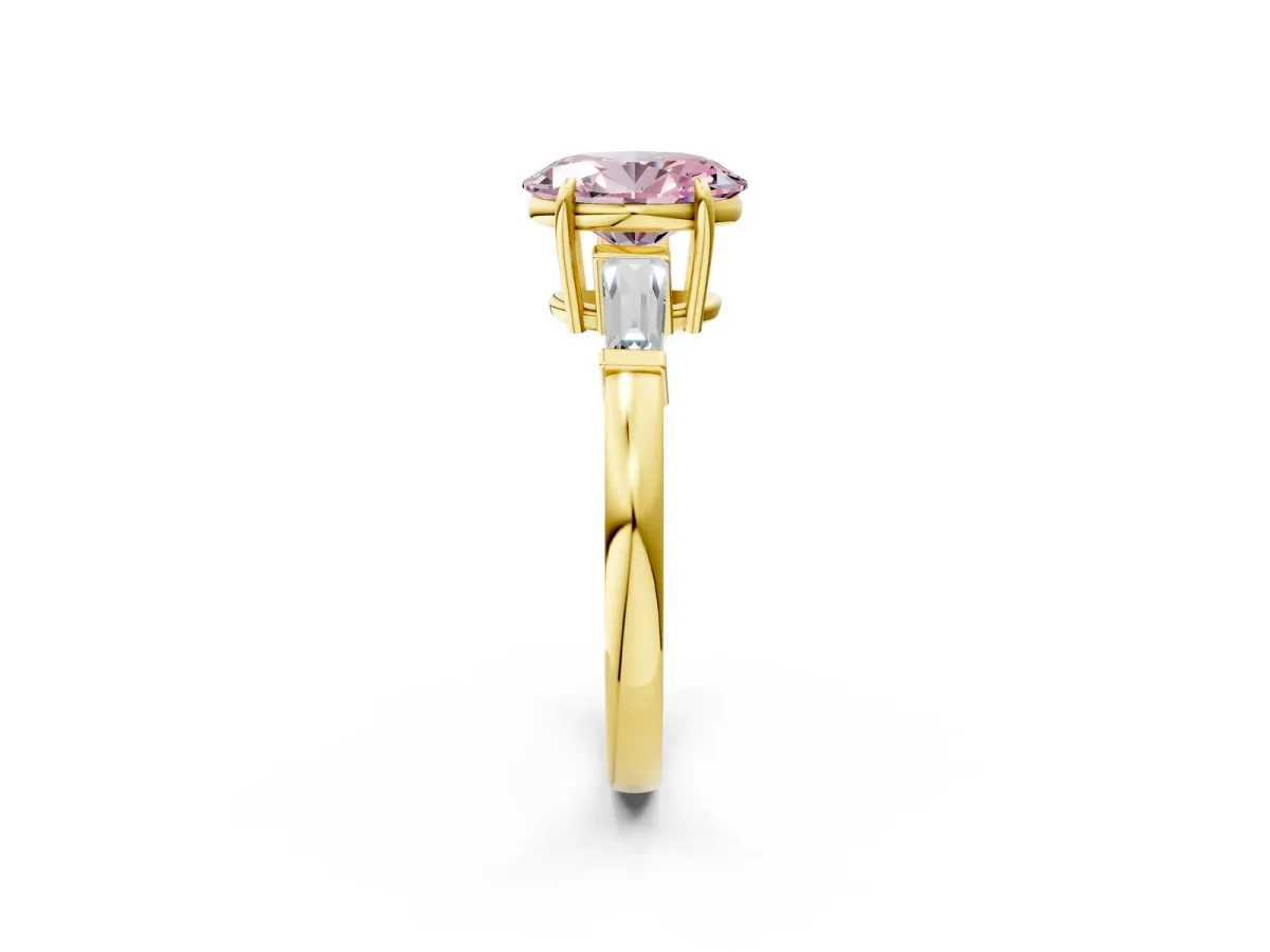 Fancy Pink Oval Cut Diamond Three-Stone Ring with Tapered Baguette Side Stones and Prong Setting Yellow gold