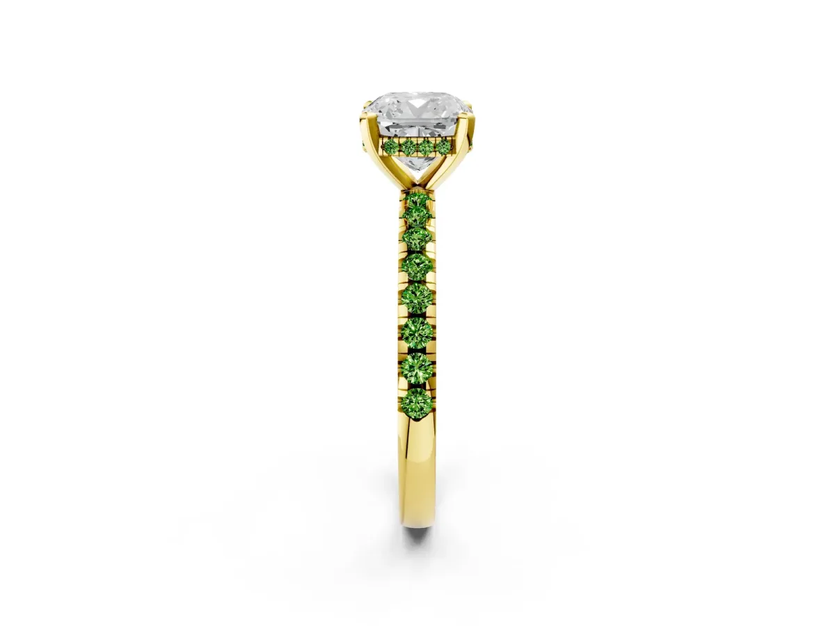 Cushion Cut Diamond Solitaire Ring with Round Peridot Pavé Band and Four-Prong Setting Yellow gold