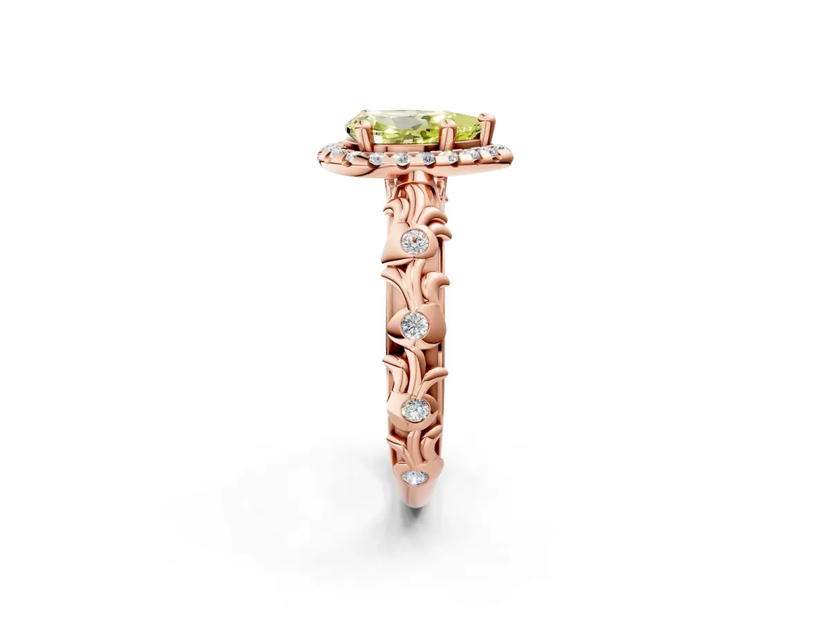 Fancy Yellow Pear Cut Diamond Halo Ring with Filigree Band and Prong Setting Rose gold