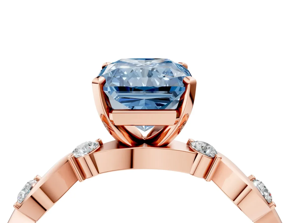 Fancy Blue Radiant Cut Diamond Solitaire Twisted Band with Round Accents and Prong Setting Rose gold