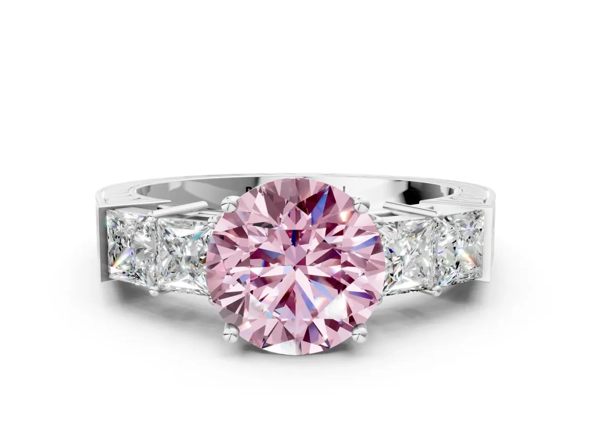 Fancy Pink Round Cut Solitaire Princess Side Stone Engraved Band Prong Setting Ring Silver