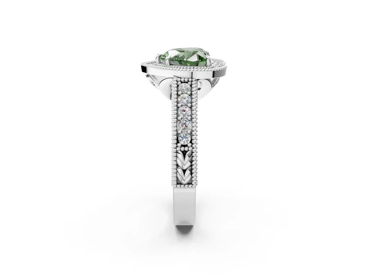 Fancy Green Heart Cut Cut Halo Diamond Ring with Pavé Band and Four-Prong Setting Platinum