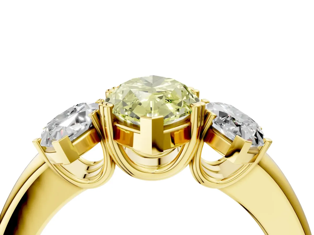 Fancy Yellow Three-Stone Marquise Cut Cut Diamond Ring with Channel Set Band and Four-Prong Setting Yellow gold