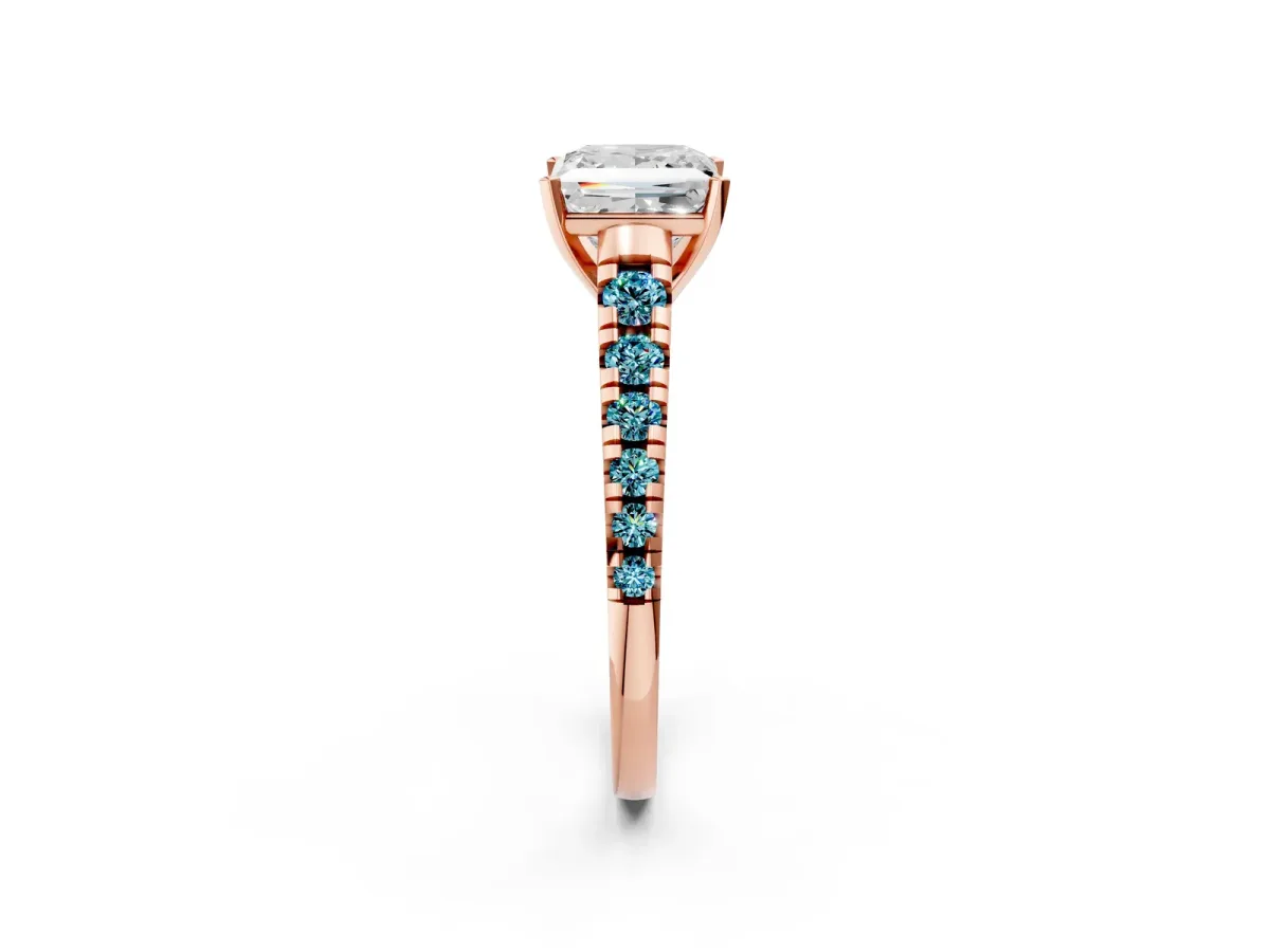 Princess Cut Diamond Cathedral Solitaire Ring with Round Blue Topaz Pavé Band Rose gold
