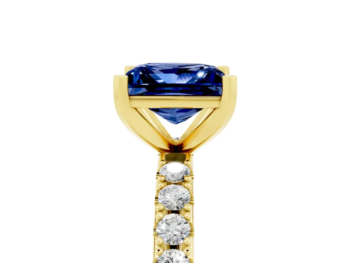 Princess Cut Blue Sapphire Solitaire Pavé Band with Four-Prong Setting Yellow gold