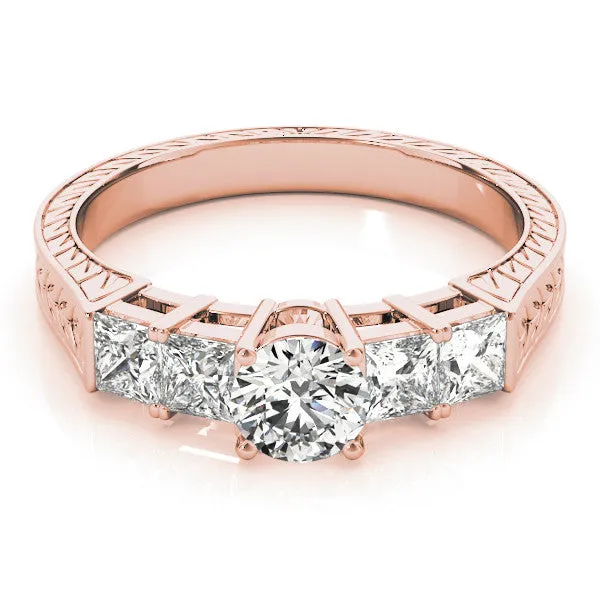 Emerald Cut Solitaire Princess Side Stone Engraved Band Prong Setting Ring Rose gold
