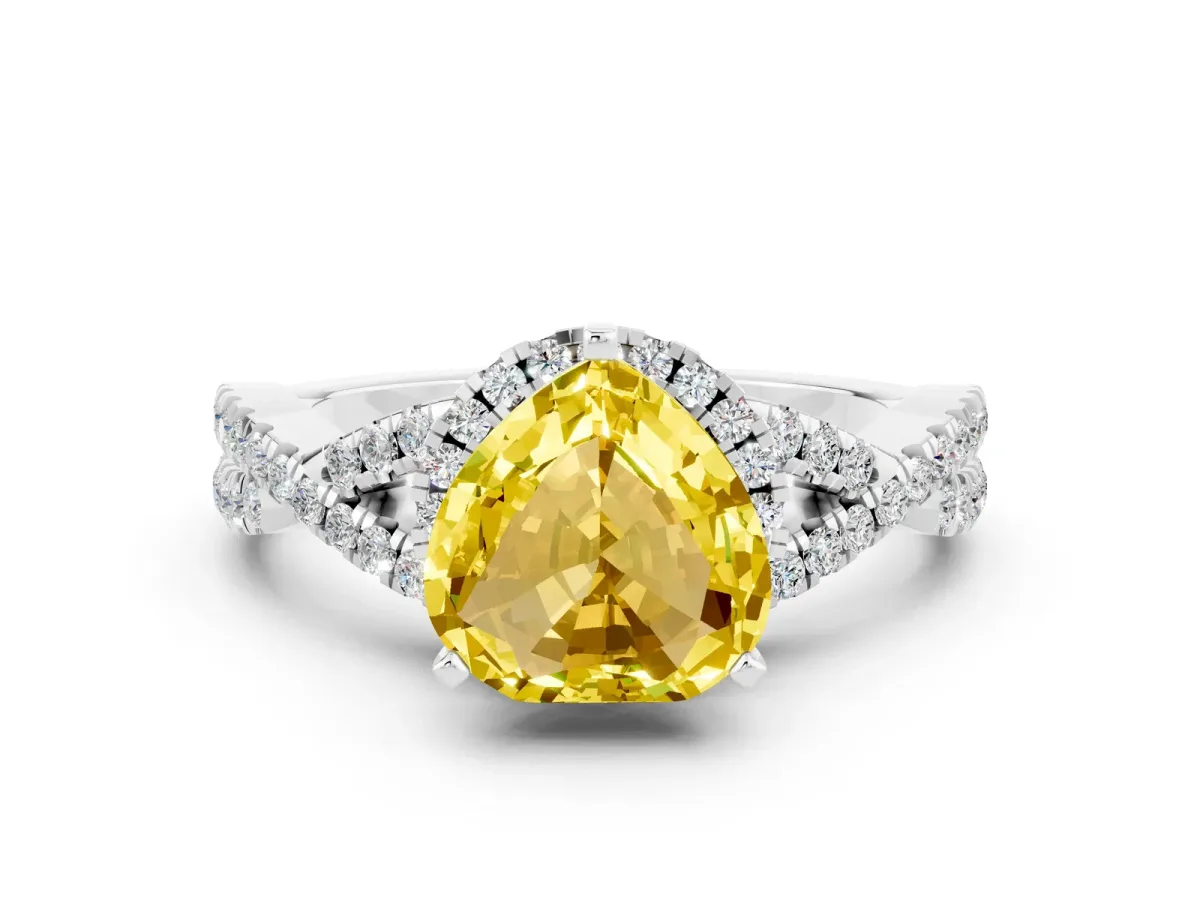 Heart Cut Yellow Sapphire Halo Twist Band Solitaire Prong Setting Ring White gold