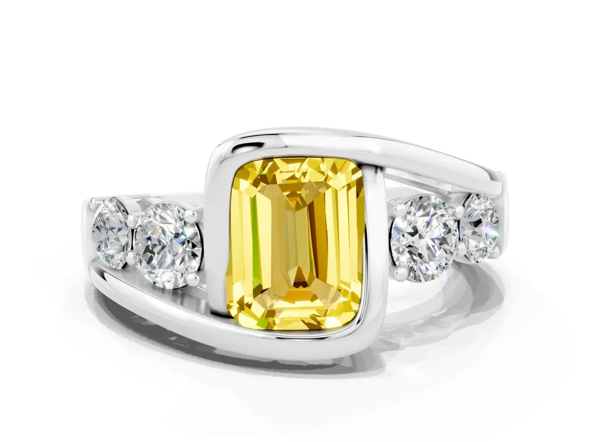 Bezel Set Emerald Cut Yellow Sapphire Bypass Ring with Round Accents Silver