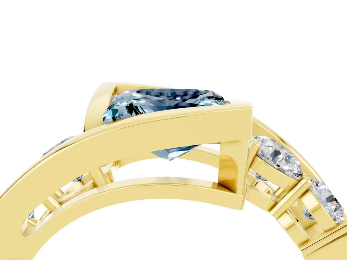 Bezel Set Princess Cut Aquamarine Bypass Ring with Round Accents Yellow gold