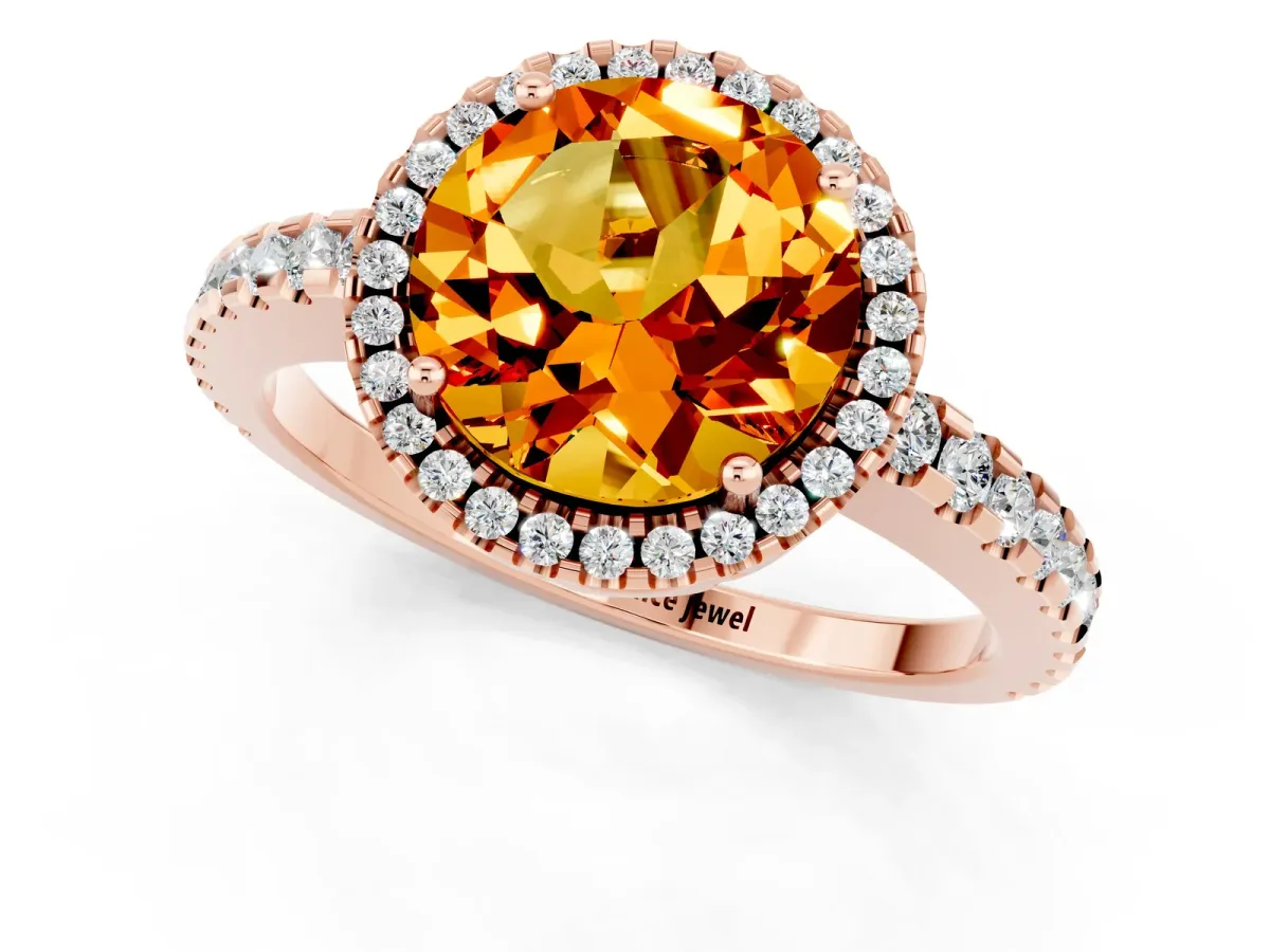 Round Cut Citrine Halo Engagement Ring with Pavé Band and Prong Setting Rose gold