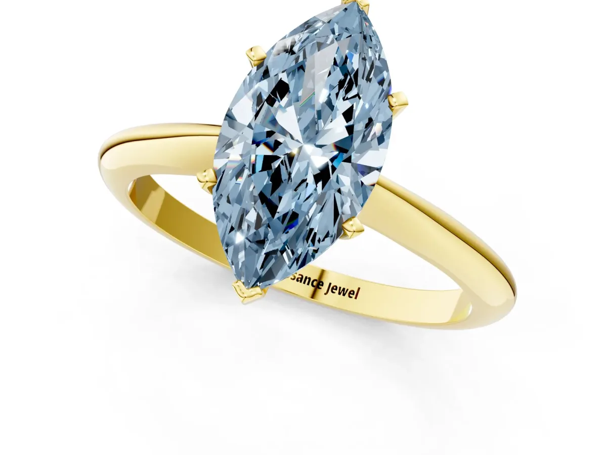 Fancy Blue Marquise Cut Diamond Solitaire Engagement Ring with Classic Band and Four-Prong Setting Yellow gold