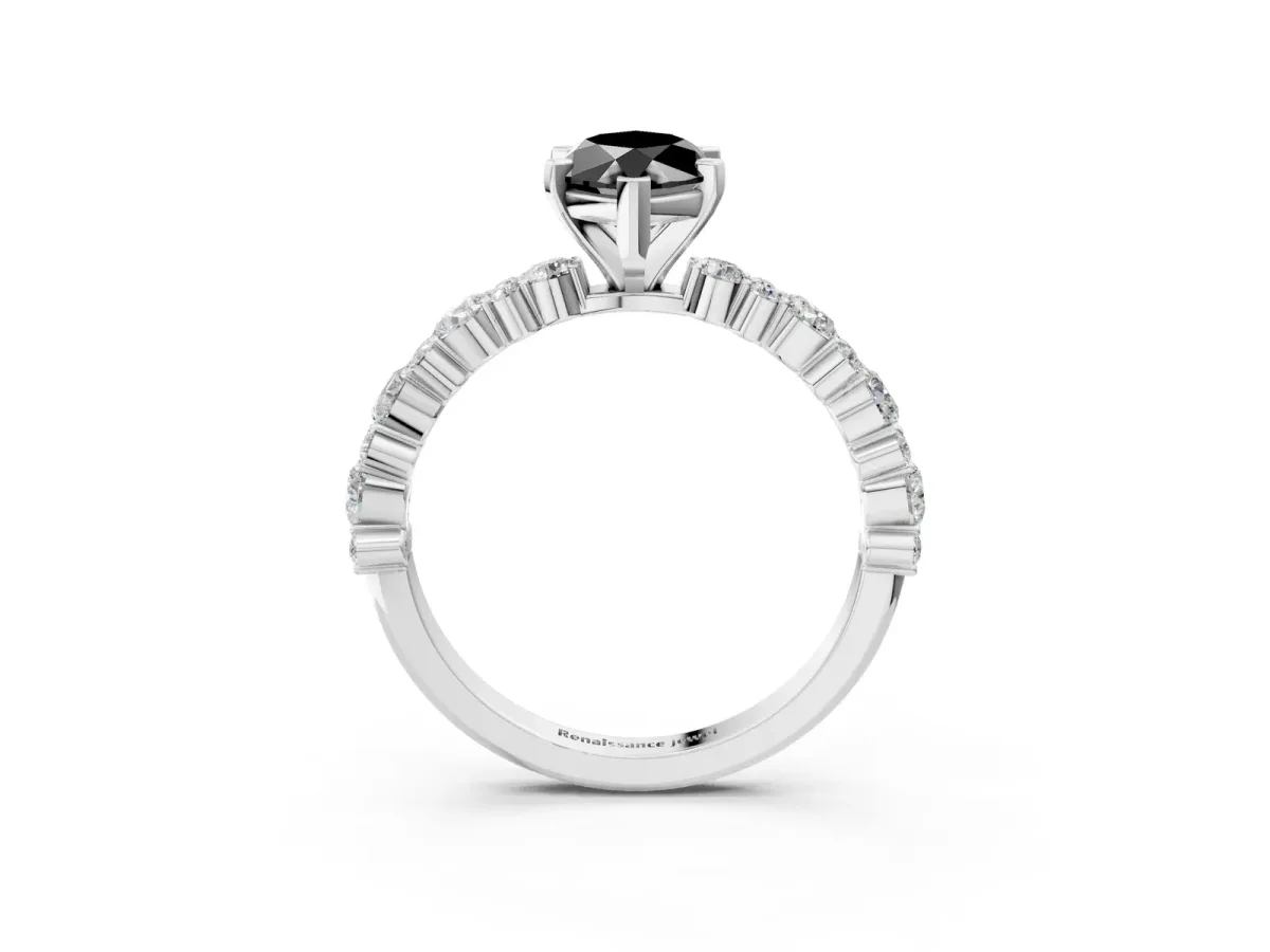 Fancy Black Marquise Cut Diamond Side Stone Solitaire Ring with Round and Four-Prong Setting White gold