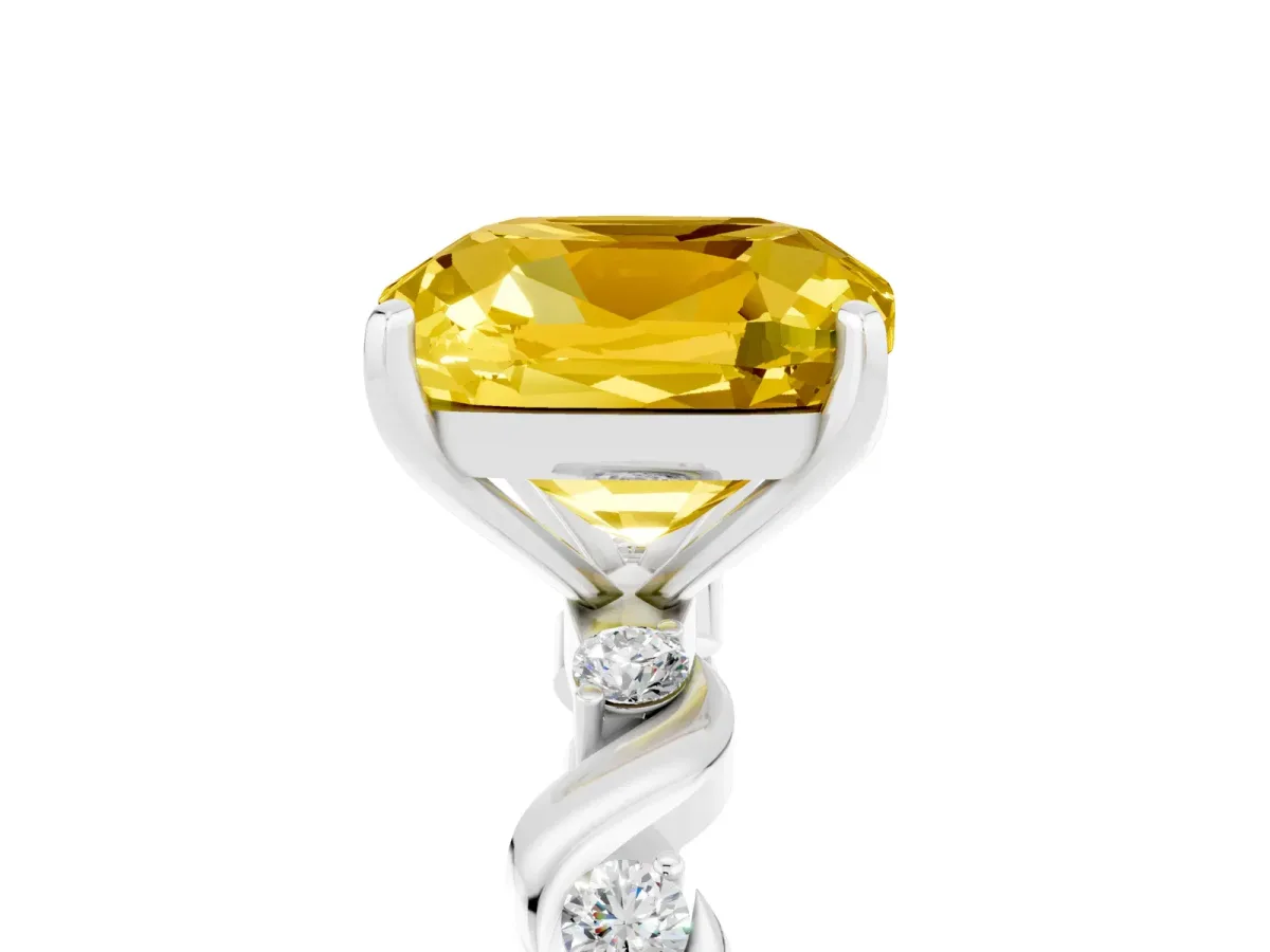Cushion Cut Yellow Sapphire Solitaire Twisted Band with Round Accents and Prong Setting Platinum