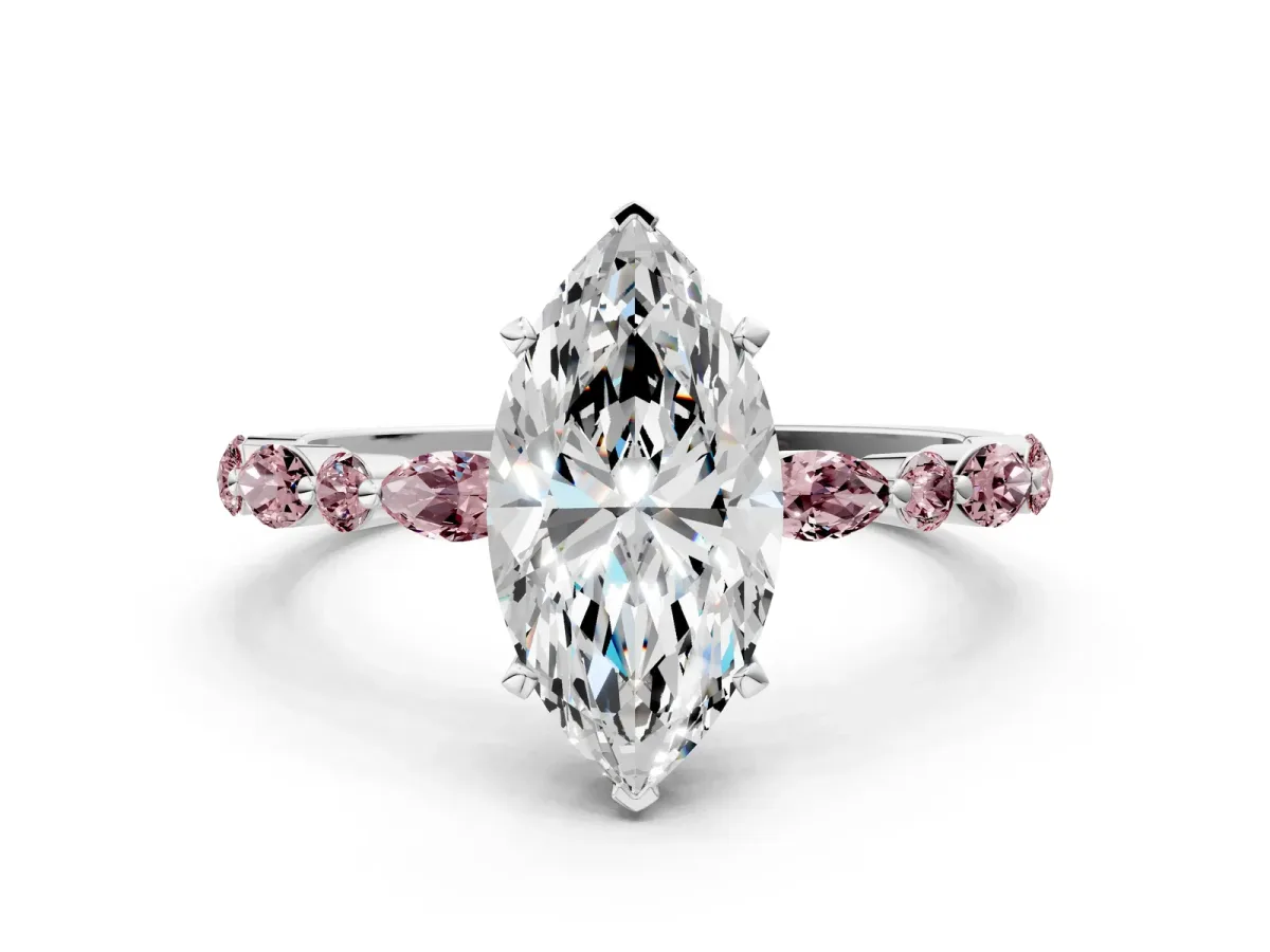 Marquise Cut Diamond Ring with Marquise and Round Morganite Side Stones and Four-Prong Setting White gold