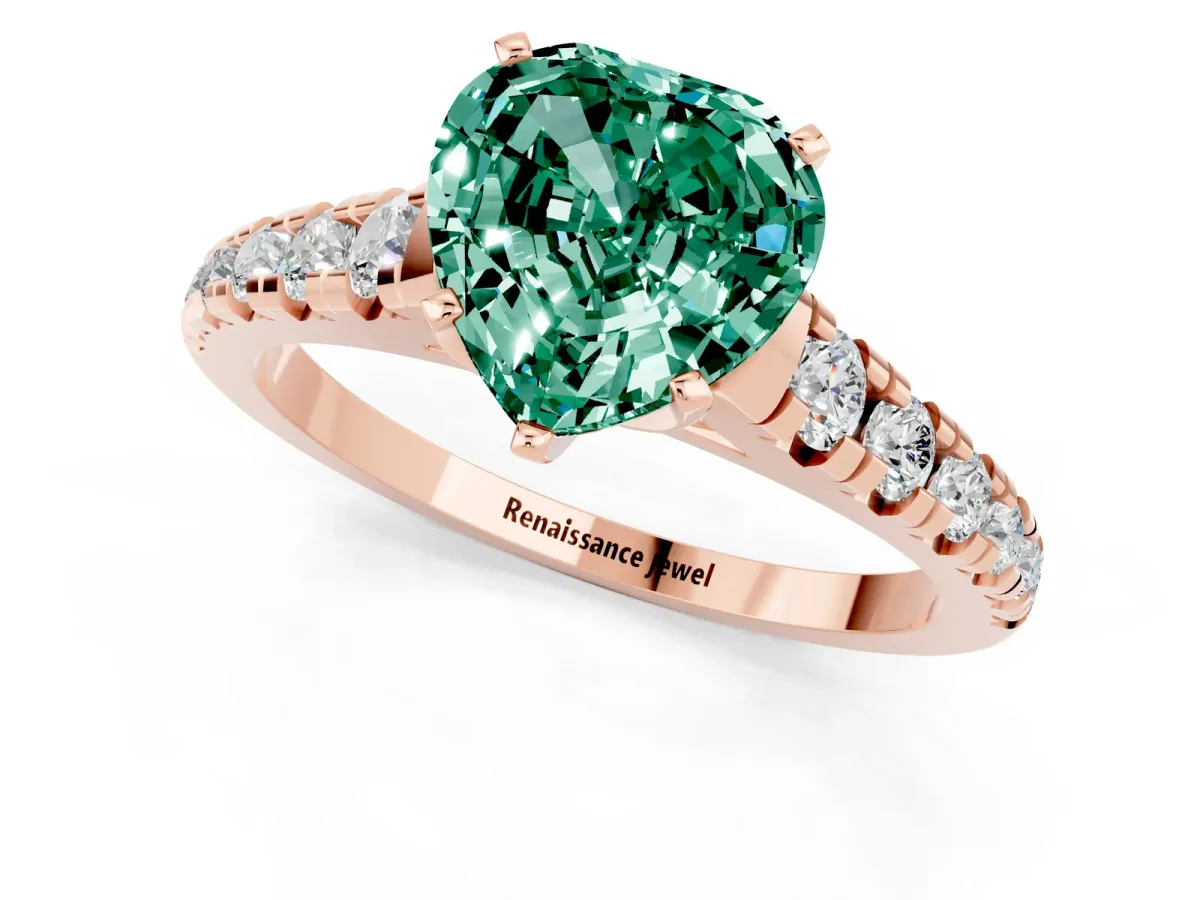 Heart Cut Green Sapphire Cathedral Solitaire Ring with Round Pavé Band Rose gold