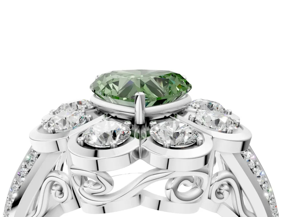 Fancy Green Heart Cut Brilliant Flower Halo Diamond Split Shank Ring Platinum