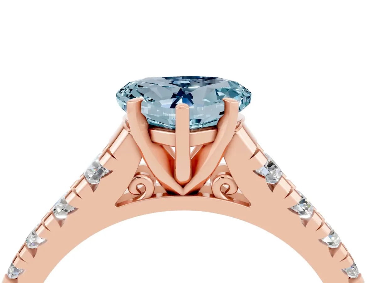 Heart Cut Aquamarine Cathedral Solitaire Ring with Round Pavé Band Rose gold