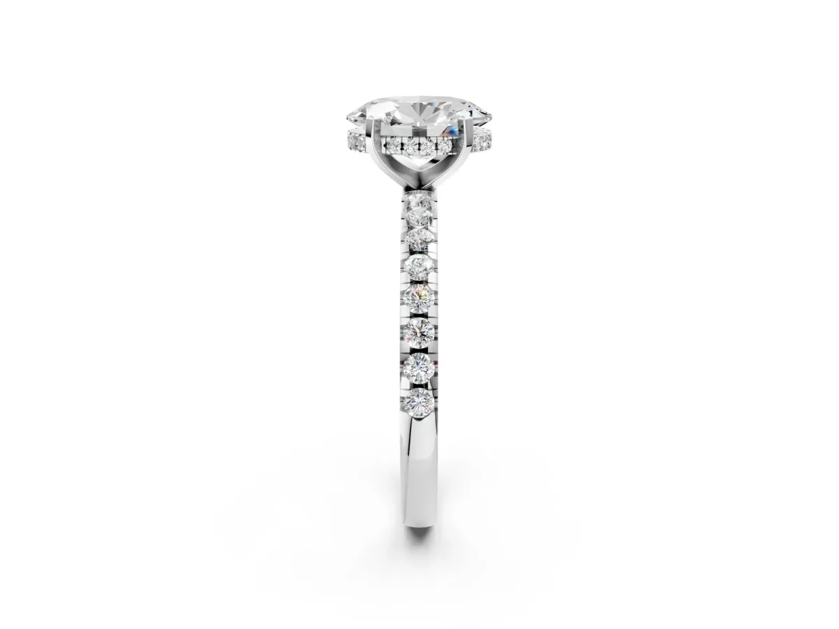 Oval Cut Diamond Solitaire Ring with Round Pavé Band and Four-Prong Setting Platinum