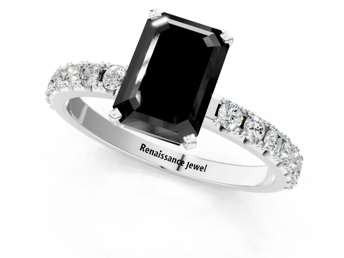 Fancy Black Emerald Cut Diamond Solitaire Pavé Band with Four-Prong Setting Silver