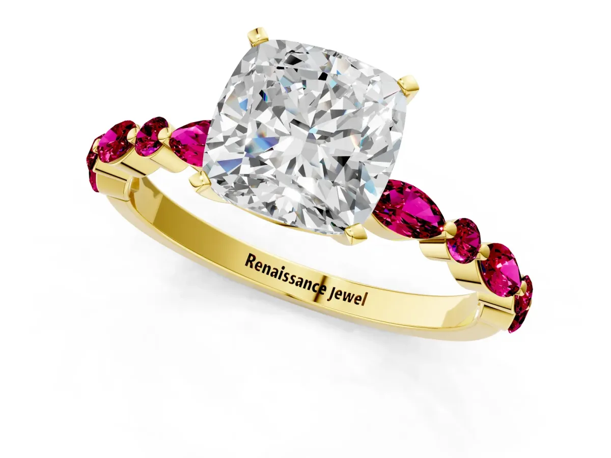 Cushion Cut Diamond Ring with Marquise and Round Garnet Side Stones and Four-Prong Setting Yellow gold