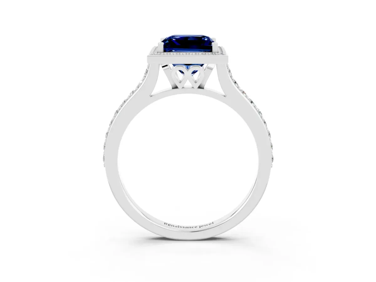 Princess Cut Blue Sapphire Halo Engagement Ring with Round Pavé Shoulders and Prong Setting Silver