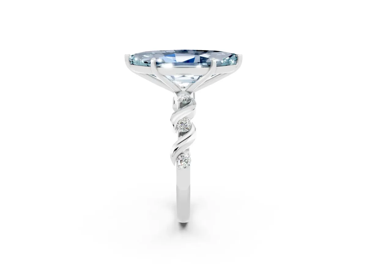 Marquise Cut Aquamarine Solitaire Twisted Band with Round Accents and Prong Setting Platinum