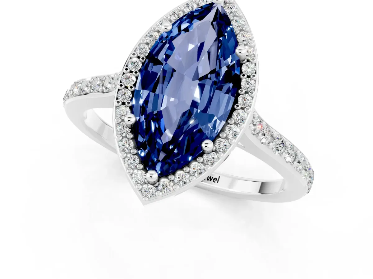 Marquise Cut Blue Sapphire Halo Engagement Ring with Round Pavé Shoulders and Prong Setting Platinum